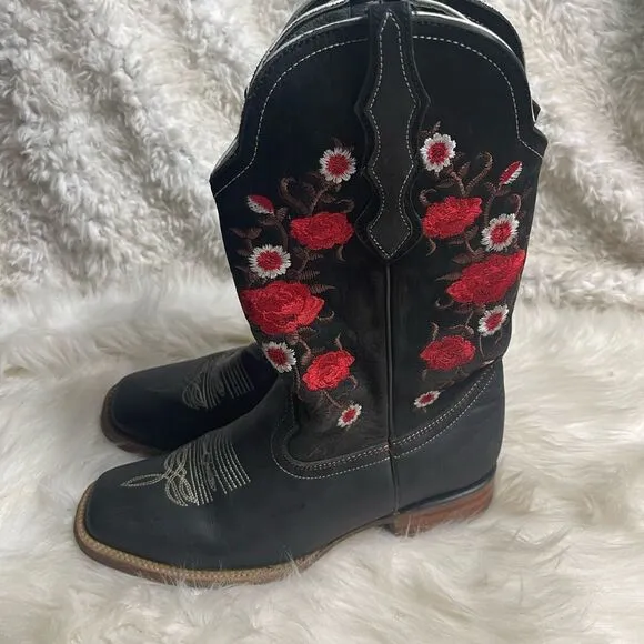 White Diamond leather black nubuck cow girl Boots red&amp; white floral accents SZ8