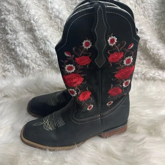 White Diamond leather black nubuck cow girl Boots red&amp; white floral accents SZ8