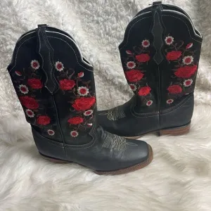White Diamond leather black nubuck cow girl Boots red&amp; white floral accents SZ8