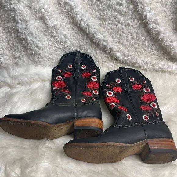 White Diamond leather black nubuck cow girl Boots red&amp; white floral accents SZ8