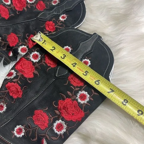 White Diamond leather black nubuck cow girl Boots red&amp; white floral accents SZ8