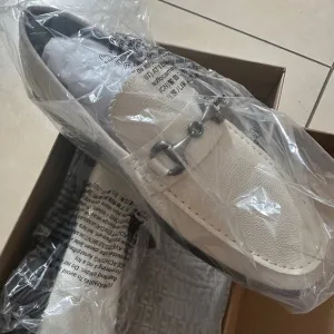 White Leather Loafers with Silver Buckle