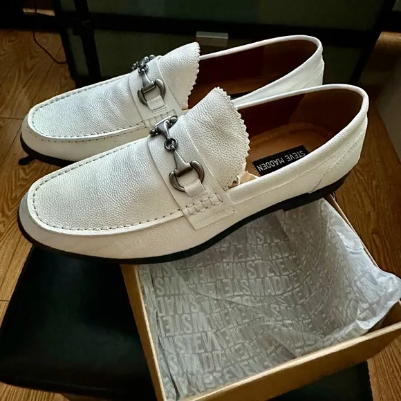 White Leather Loafers with Silver Buckle
