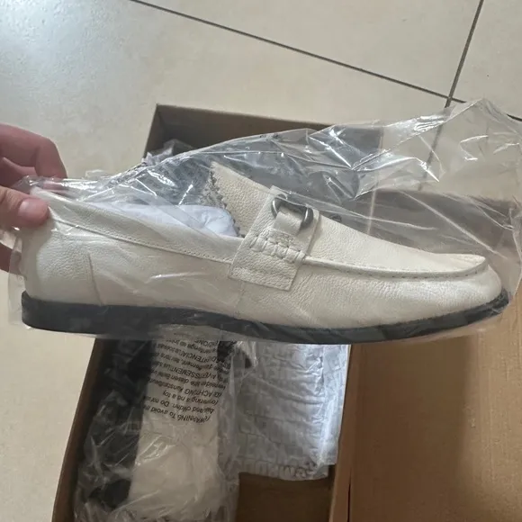 White Leather Loafers with Silver Buckle