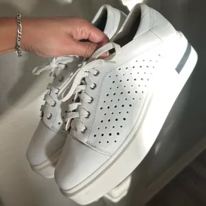 White Leather Platform Oxford Sneakers Sporty Perforated Upper Size-women's 9
