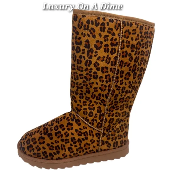 Wild Diva Classic Tall Boots Plush Faux Fur Slip-on Exposed Seam Leopard Shoes