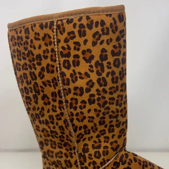 Wild Diva Classic Tall Boots Plush Faux Fur Slip-on Exposed Seam Leopard Shoes