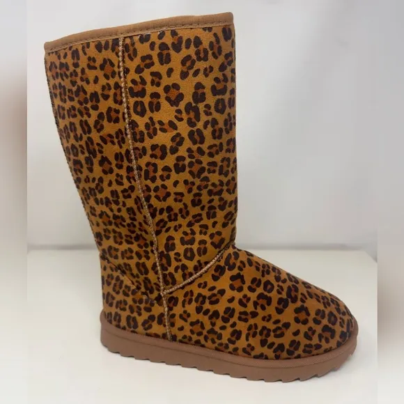 Wild Diva Classic Tall Boots Plush Faux Fur Slip-on Exposed Seam Leopard Shoes