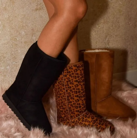 Wild Diva Classic Tall Boots Plush Faux Fur Slip-on Exposed Seam Leopard Shoes