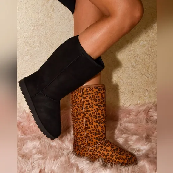 Wild Diva Classic Tall Boots Plush Faux Fur Slip-on Exposed Seam Leopard Shoes