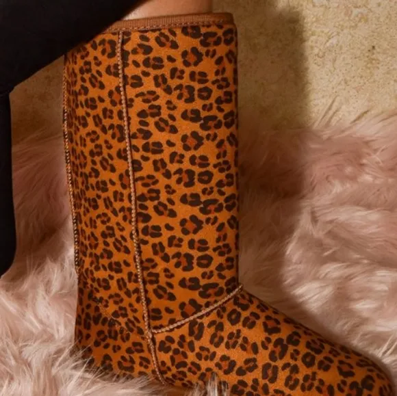 Wild Diva Classic Tall Boots Plush Faux Fur Slip-on Exposed Seam Leopard Shoes