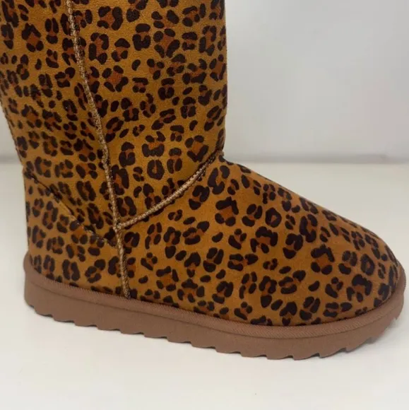 Wild Diva Classic Tall Boots Plush Faux Fur Slip-on Exposed Seam Leopard Shoes
