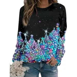 Women Black Sweater Xmas Tree Sequin Top Winter Crewneck Family Holiday Outfits