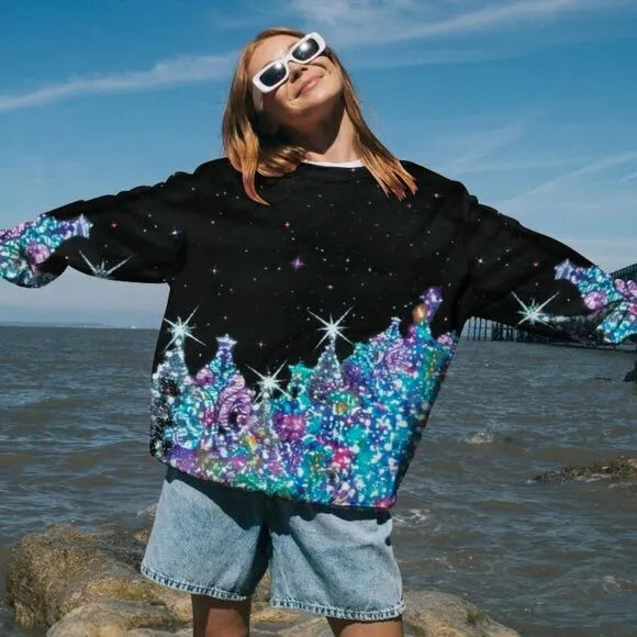Women Black Sweater Xmas Tree Sequin Top Winter Crewneck Family Holiday Outfits