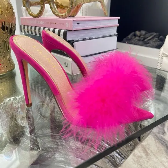 Women faux Feather Slippers Sandals pump High heels Slides Mules Size 6