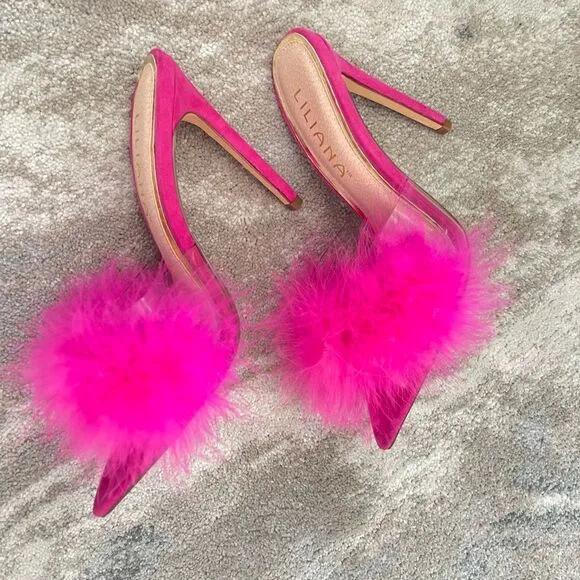 Women faux Feather Slippers Sandals pump High heels Slides Mules Size 6