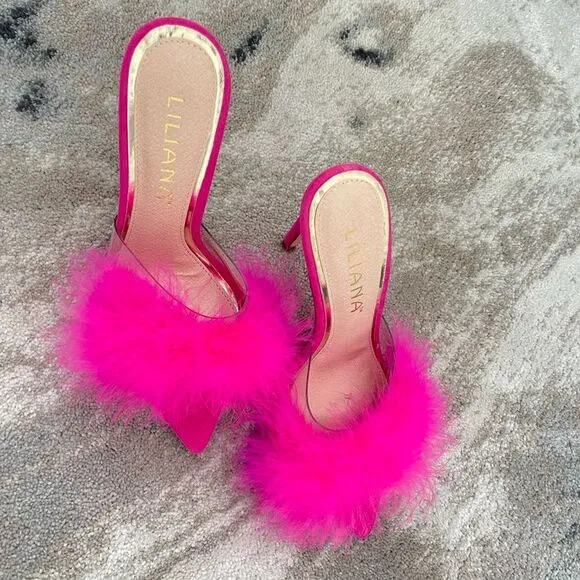 Women faux Feather Slippers Sandals pump High heels Slides Mules Size 6