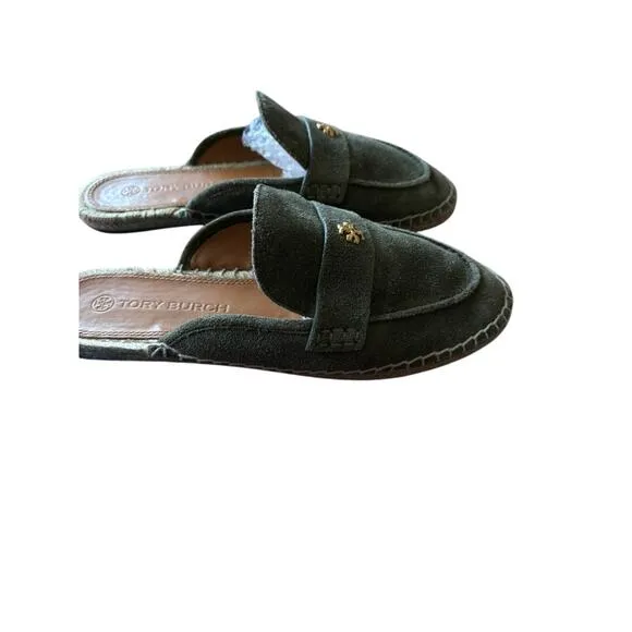 Women's 8.5 Tory Burch Olive Green Suede Espadrille Mules Loafers $348