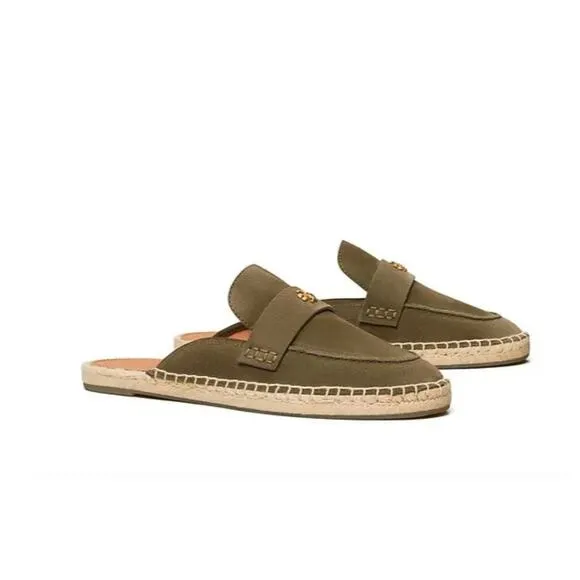 Women's 8.5 Tory Burch Olive Green Suede Espadrille Mules Loafers $348