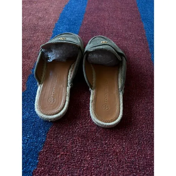Women's 8.5 Tory Burch Olive Green Suede Espadrille Mules Loafers $348