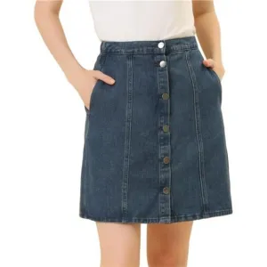 Women's Denim Skirts Short Button Down Jeans Skirt Dark Blue