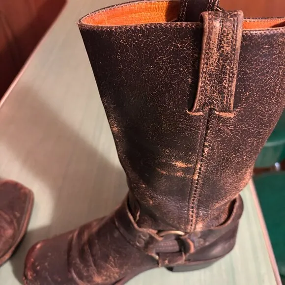 Womens Frye Distressed Brown Leather Harness Square Toe Boots 7.5 M 77305