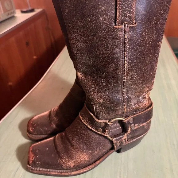 Womens Frye Distressed Brown Leather Harness Square Toe Boots 7.5 M 77305