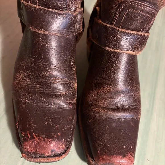 Womens Frye Distressed Brown Leather Harness Square Toe Boots 7.5 M 77305