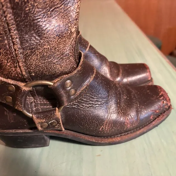 Womens Frye Distressed Brown Leather Harness Square Toe Boots 7.5 M 77305