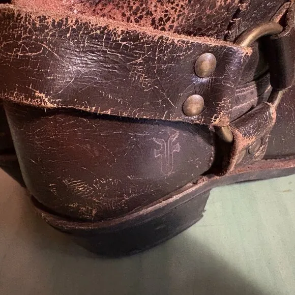 Womens Frye Distressed Brown Leather Harness Square Toe Boots 7.5 M 77305