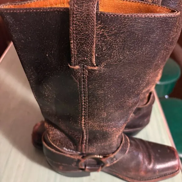 Womens Frye Distressed Brown Leather Harness Square Toe Boots 7.5 M 77305