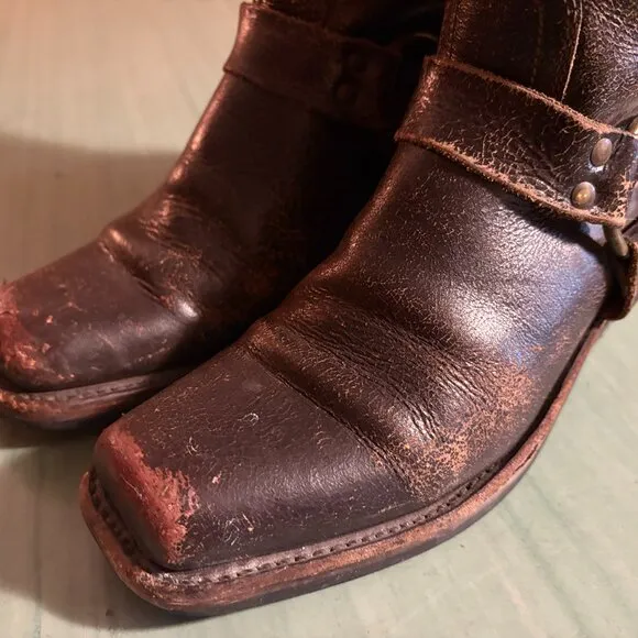 Womens Frye Distressed Brown Leather Harness Square Toe Boots 7.5 M 77305