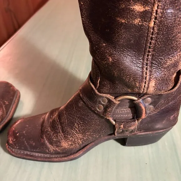 Womens Frye Distressed Brown Leather Harness Square Toe Boots 7.5 M 77305