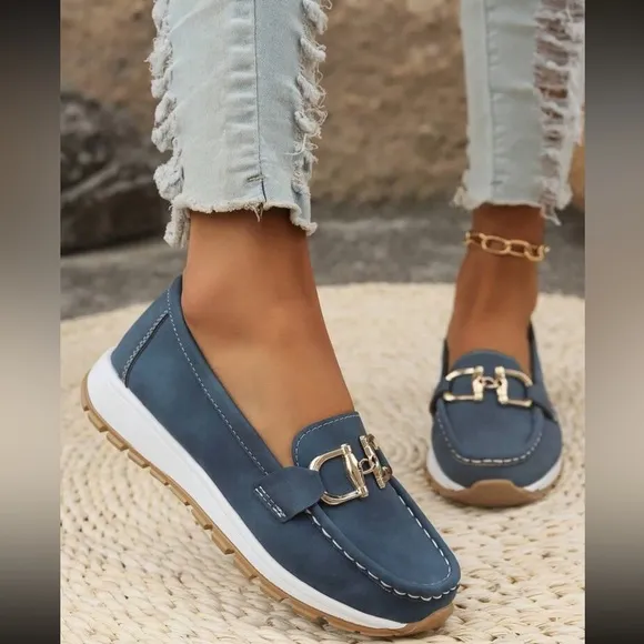 Women's Khaki Vegan Leather Loafers with Gold Buckle