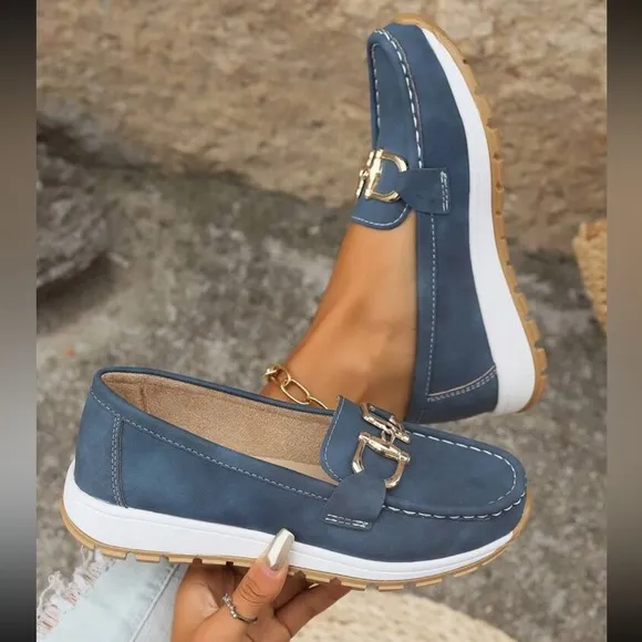 Women's Khaki Vegan Leather Loafers with Gold Buckle