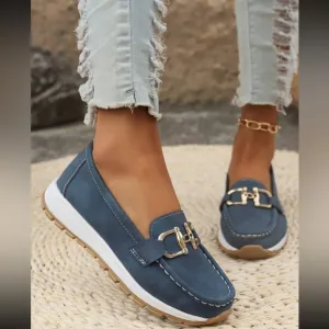 Women's Khaki Vegan Leather Loafers with Gold Buckle