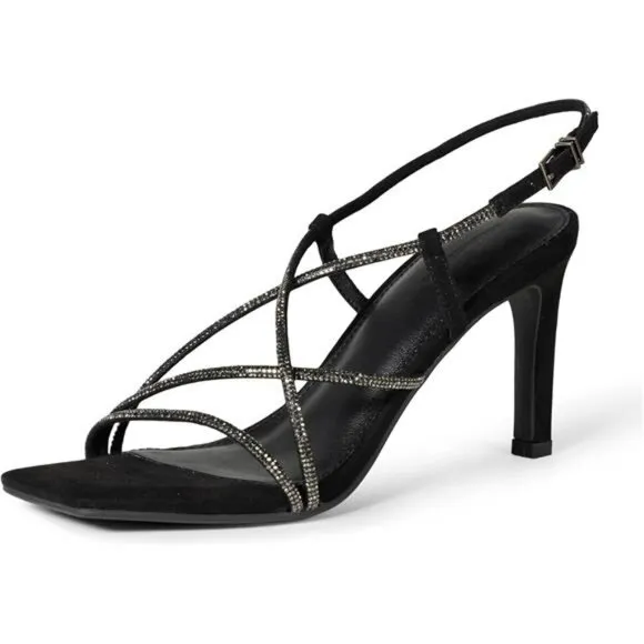 Women's Strappy Stiletto Heel Sandals Black Crystals