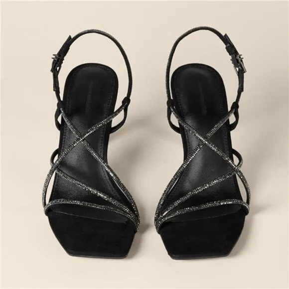 Women's Strappy Stiletto Heel Sandals Black Crystals