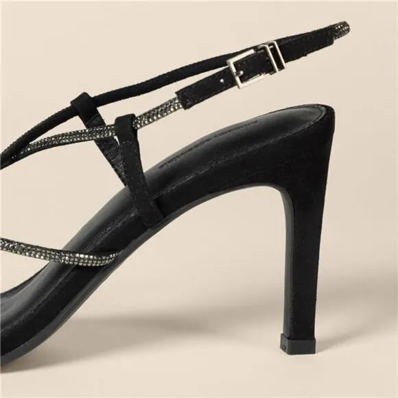 Women's Strappy Stiletto Heel Sandals Black Crystals