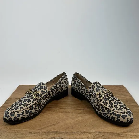 Womens Stuart Weitzman Owen Buckle Tan Leather Cheetah Print Loafers Size 5 B