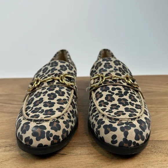 Womens Stuart Weitzman Owen Buckle Tan Leather Cheetah Print Loafers Size 5 B