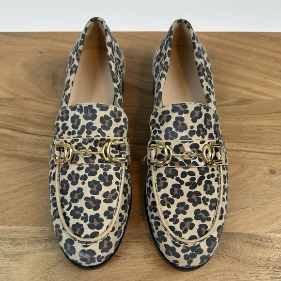 Womens Stuart Weitzman Owen Buckle Tan Leather Cheetah Print Loafers Size 5 B