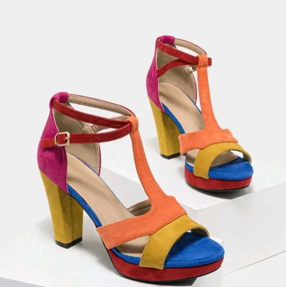 Women's Waterproof Platform Sandals High Heels Chunky Heel Multi-Color T-Strap