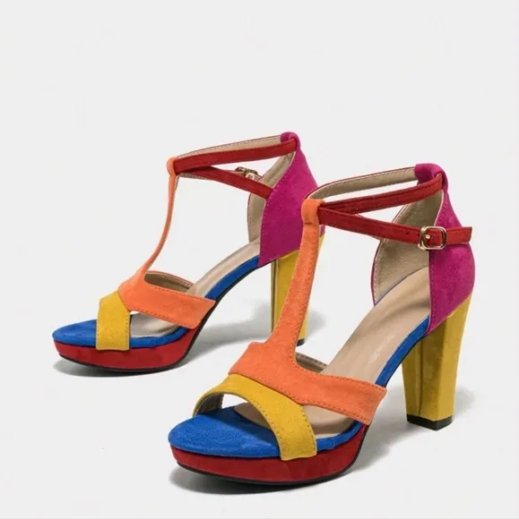 Women's Waterproof Platform Sandals High Heels Chunky Heel Multi-Color T-Strap