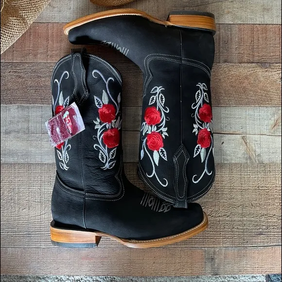 Women’s Western Cowgirl Rodeo black Leather Boots Bota Vaquera Mujer