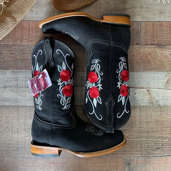 Women’s Western Cowgirl Rodeo black Leather Boots Bota Vaquera Mujer