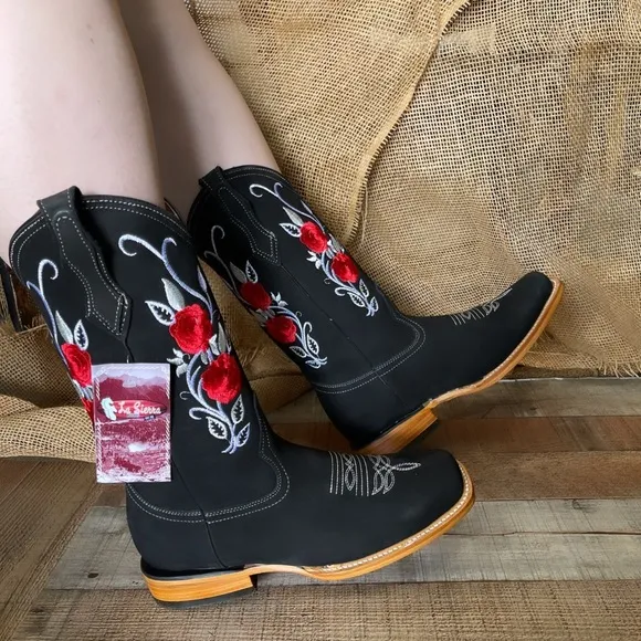Women’s Western Cowgirl Rodeo black Leather Boots Bota Vaquera Mujer
