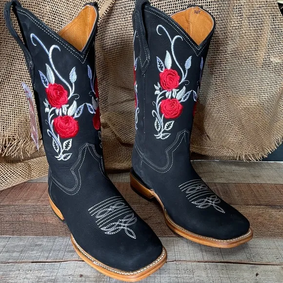Women’s Western Cowgirl Rodeo black Leather Boots Bota Vaquera Mujer