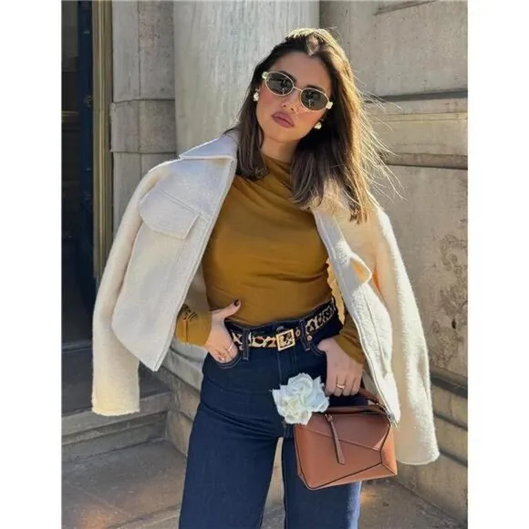 Women's Wool Coat Lapel Zip Up Bomber Jacket Apricot
