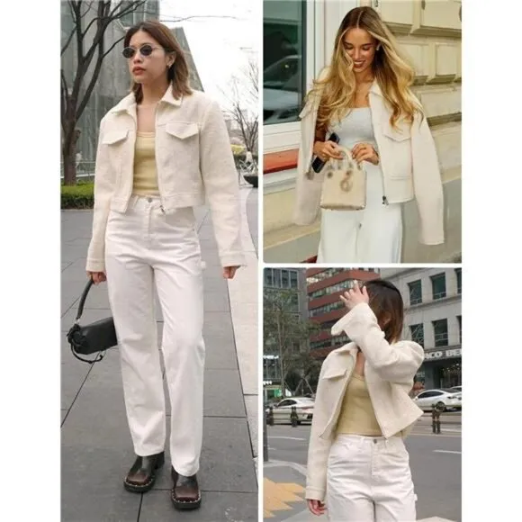 Women's Wool Coat Lapel Zip Up Bomber Jacket Apricot